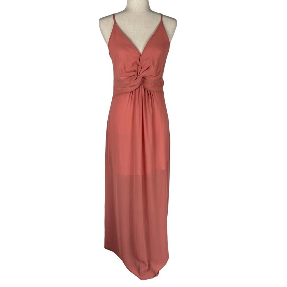 ENTRO FIXED SPAGHETTI STRAP V-NECK TWIST FRONT MAXI DRESS DARK SALMON SMALL NWT‎